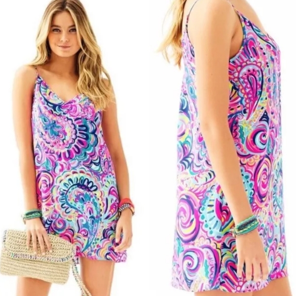 Lilly Pulitzer Silk Dress Psychedelic Sunshine Dusk Lela Mini Spaghetti Strap - Picture 2 of 12